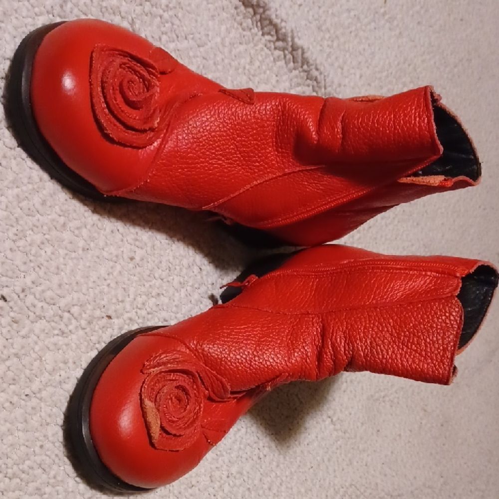 Stunning Red Leather Ankle Boots with Romantic Rose Detail
